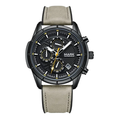 Wristwatch with a black dial and beige leather strap on a white background
