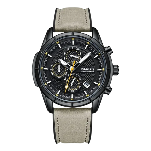 Wristwatch with a black dial and beige leather strap on a white background