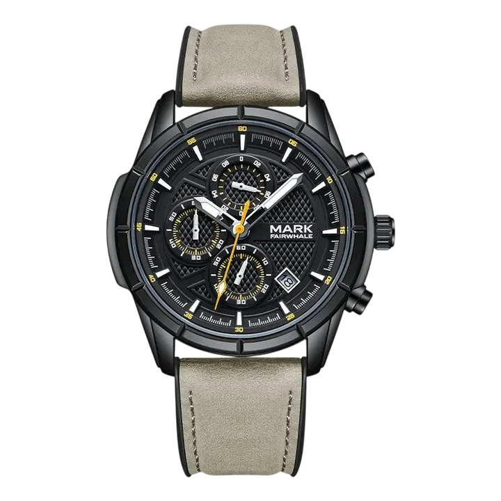 Wristwatch with a black dial and beige leather strap on a white background