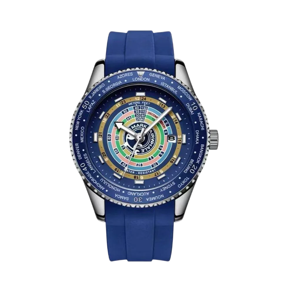 Wristwatch with a blue strap and colorful face on a white background