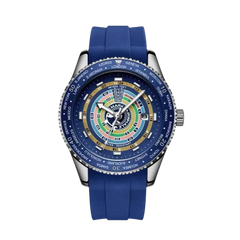 Wristwatch with a blue strap and colorful face on a white background
