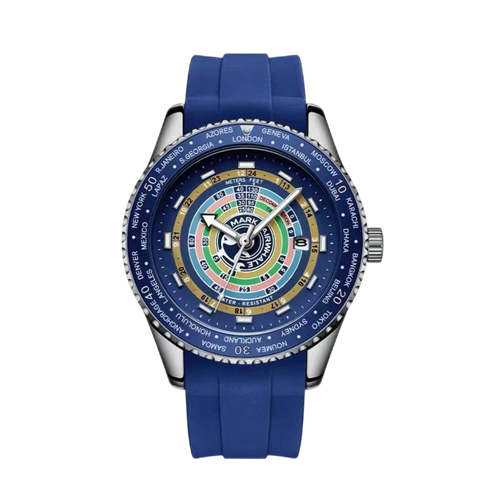 Wristwatch with a blue strap and colorful face on a white background