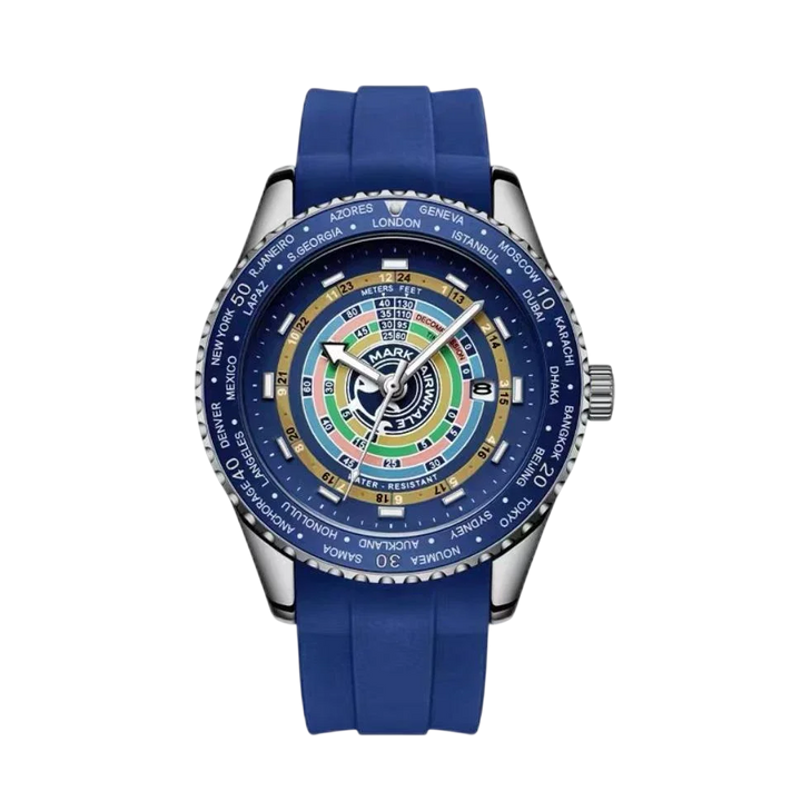 Wristwatch with a blue strap and colorful face on a white background