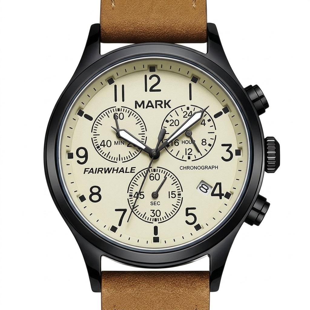 Wristwatch with a brown leather strap and beige dial on a white background
