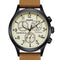Wristwatch with a brown leather strap and beige dial on a white background