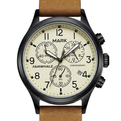 Wristwatch with a brown leather strap and beige dial on a white background