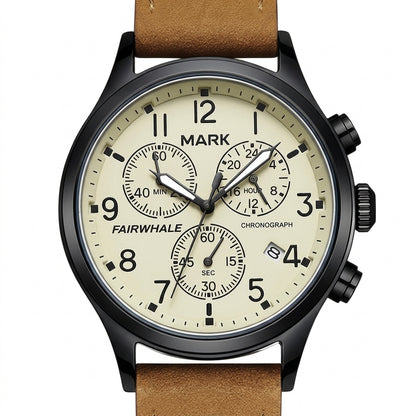 Wristwatch with a brown leather strap and beige dial on a white background