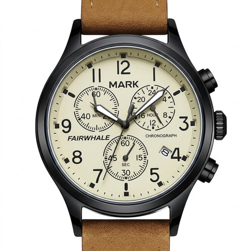 Wristwatch with a brown leather strap and beige dial on a white background