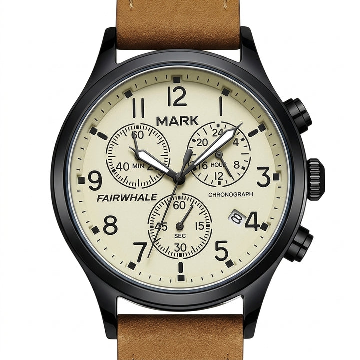 Wristwatch with a brown leather strap and beige dial on a white background