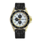 Wristwatch with black strap and gold case on a white background