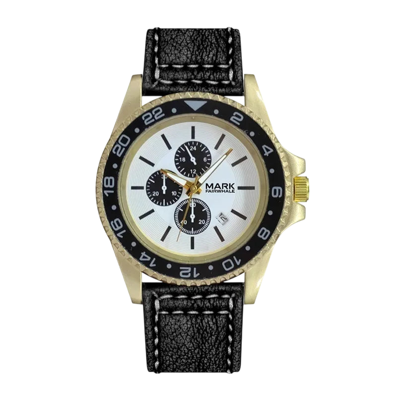 Wristwatch with black strap and gold case on a white background