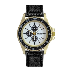 Wristwatch with black strap and gold case on a white background