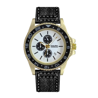 Wristwatch with black strap and gold case on a white background