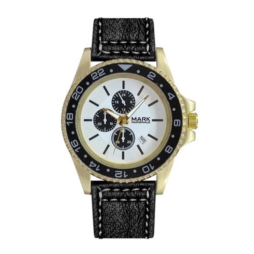 Wristwatch with black strap and gold case on a white background