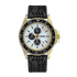 Wristwatch with black strap and gold case on a white background