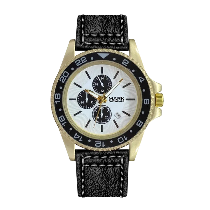 Wristwatch with black strap and gold case on a white background