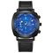 Wristwatch with blue dial and black leather strap on a white background