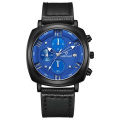 Wristwatch with blue dial and black leather strap on a white background