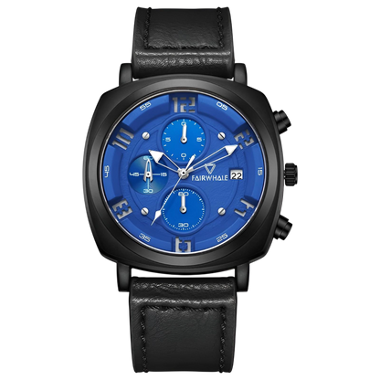 Wristwatch with blue dial and black leather strap on a white background