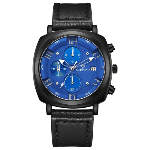 Wristwatch with blue dial and black leather strap on a white background
