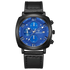 Wristwatch with blue dial and black leather strap on a white background