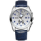 Wristwatch with blue strap and silver case on a white background