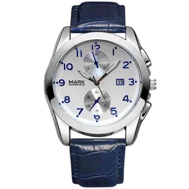 Wristwatch with blue strap and silver case on a white background