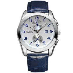 Wristwatch with blue strap and silver case on a white background
