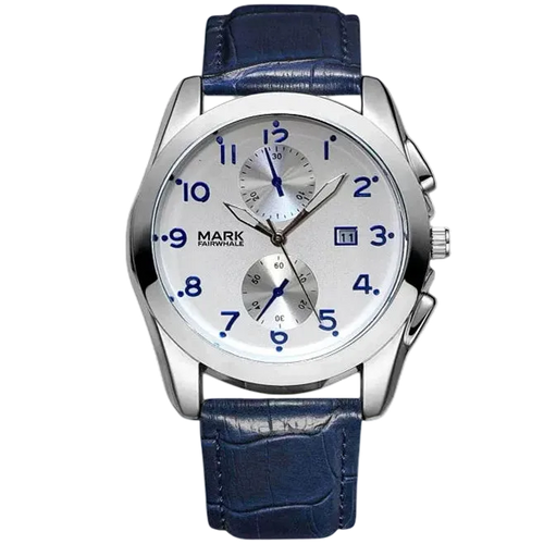 Wristwatch with blue strap and silver case on a white background