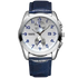 Wristwatch with blue strap and silver case on a white background