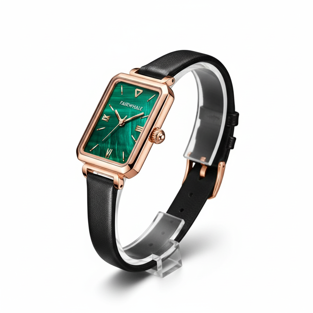 Wristwatch with green face and black strap on a white background