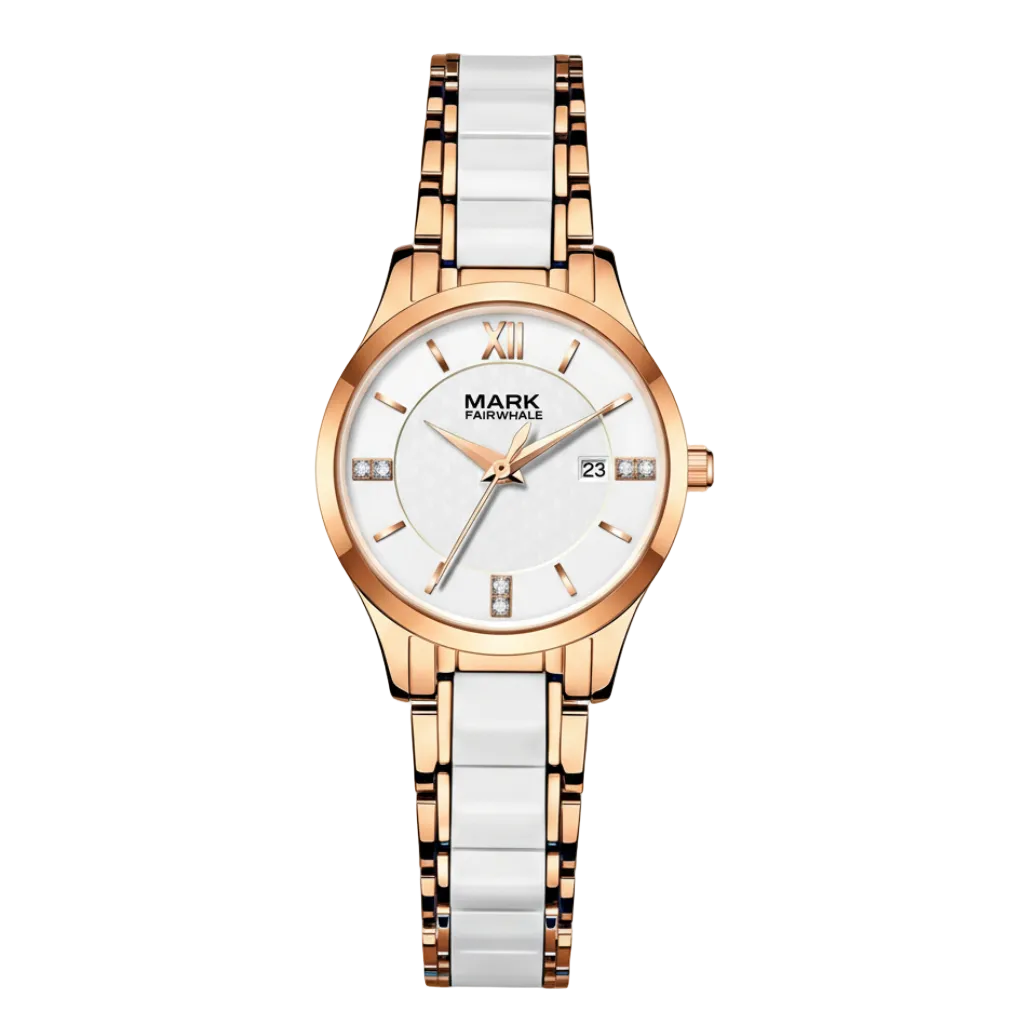 Wristwatch with rose gold and white ceramic strap on a white background
