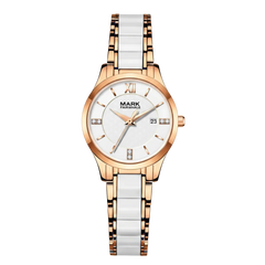 Wristwatch with rose gold and white ceramic strap on a white background