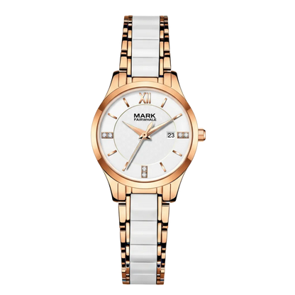 Wristwatch with rose gold and white ceramic strap on a white background