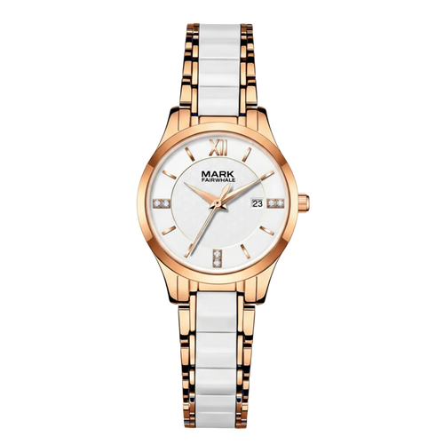 Wristwatch with rose gold and white ceramic strap on a white background