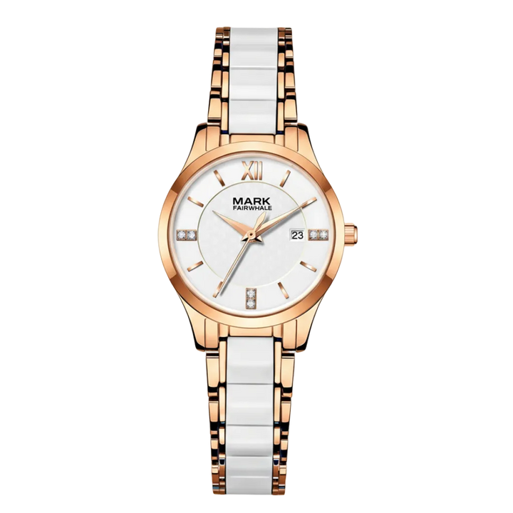 Wristwatch with rose gold and white ceramic strap on a white background
