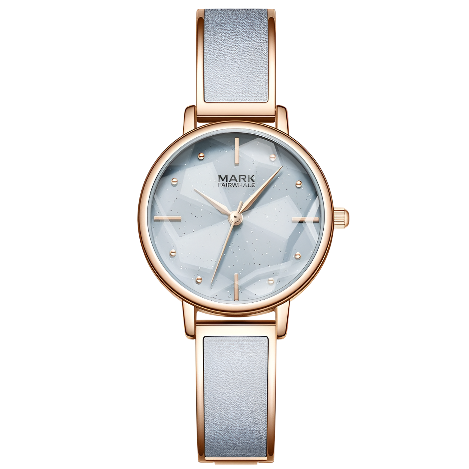 Wristwatch with rose gold case and light blue strap on a white background