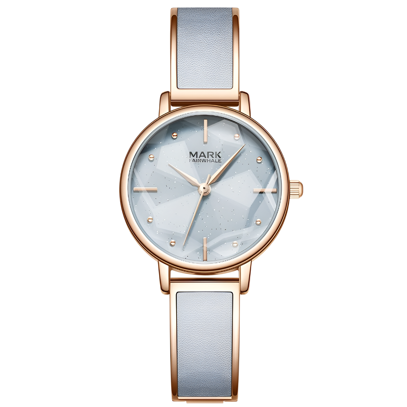 Wristwatch with rose gold case and light blue strap on a white background