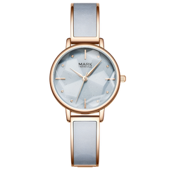 Wristwatch with rose gold case and light blue strap on a white background