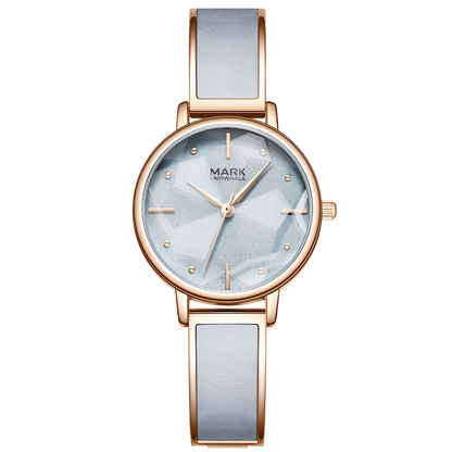 Wristwatch with rose gold case and light blue strap on a white background