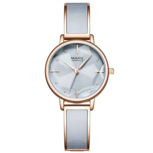 Wristwatch with rose gold case and light blue strap on a white background
