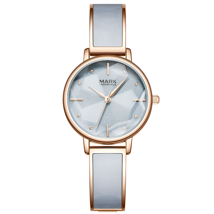 Wristwatch with rose gold case and light blue strap on a white background
