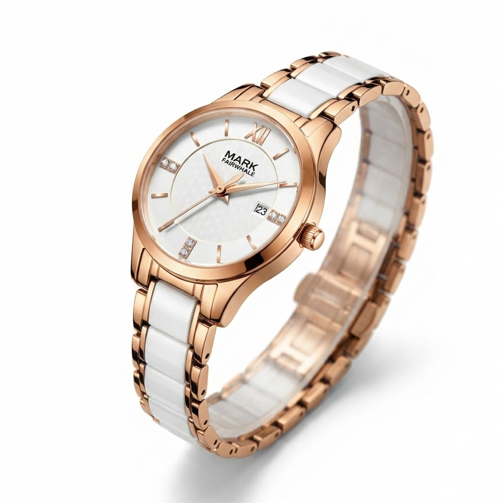Wristwatch with white ceramic strap and rose gold casing on a white background
