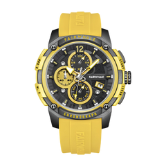 Yellow and black watch with 'Fairwhale' branding on a white background