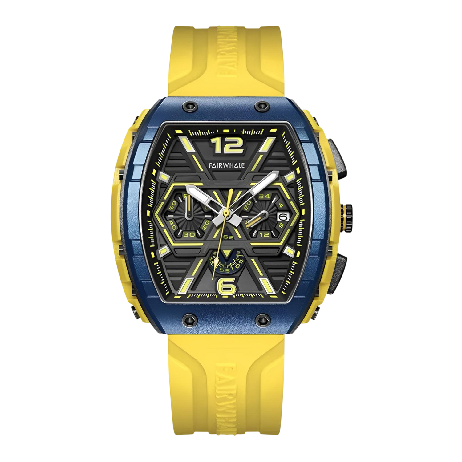 Yellow and blue watch with a detailed face on a white background