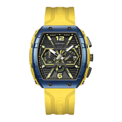 Yellow and blue watch with a detailed face on a white background
