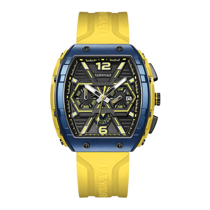 Yellow and blue watch with a detailed face on a white background