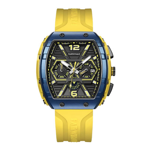 Yellow and blue watch with a detailed face on a white background