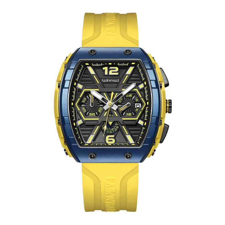 Yellow and blue watch with a detailed face on a white background