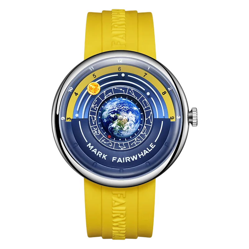 Yellow wristwatch with a detailed face featuring the Earth, on a white background.